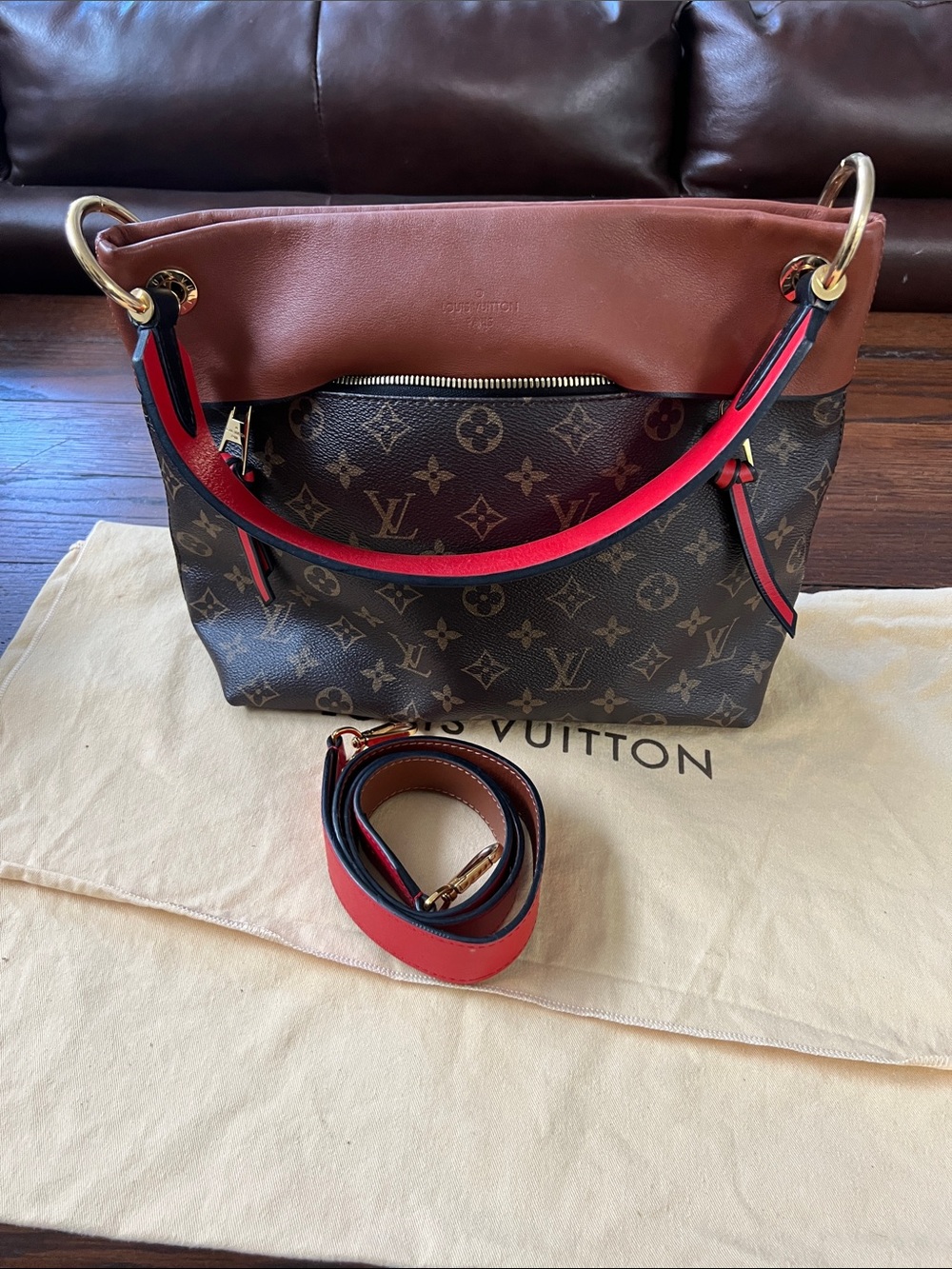 Louis Vuitton Brown Monogram Canvas Shoulder Bag with Red Trim and Tan Top